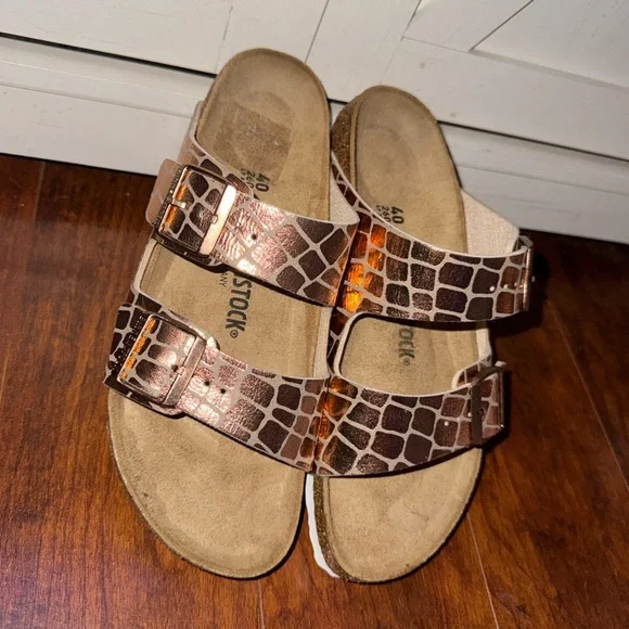 Birkenstock Arizona Croc-Print Double Strap Sandals in Chrome Brown - Picture 3 of 4